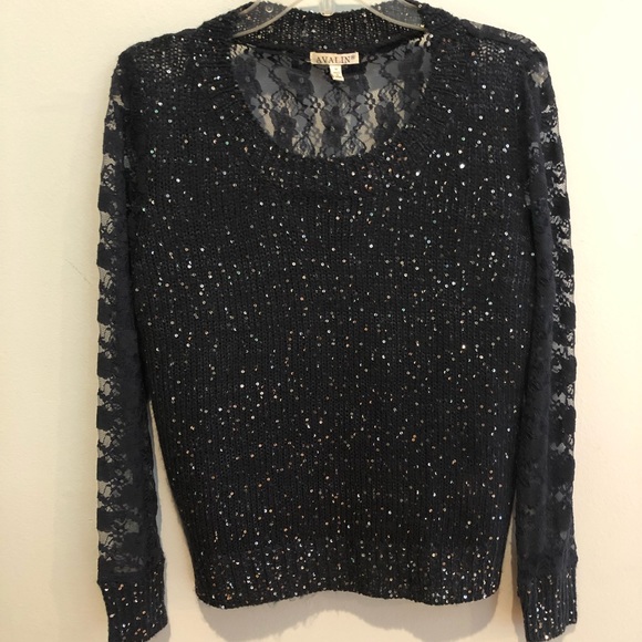 Avalin Crew Neck Sequin Sweater with Lace back M - Picture 1 of 10